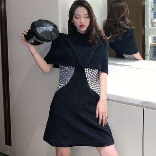 Glittered Sleeveless Dress / Turtle-neck Knit Cape