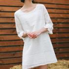 3/4-sleeve Embroidered Mini Shift Dress White - One Size