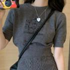 Short-sleeve Embroidered Knit Top Knit Top - Gray - One Size