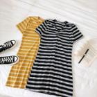 Frilled V-neck Striped Short-sleeve Dress