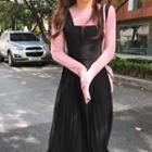 Long-sleeve T-shirt / A-line Midi Pleated Dungaree Dress