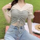 Two-tone Drawstring Ruched Puff-sleeve Cropped Blouse