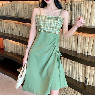 Sleeveless Spaghetti-strap Plaid Drawstring Side Dress