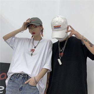 Couple Matching Elbow-sleeve Chinese Character Embroidered T-shirt
