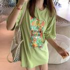 Flower Print Elbow-sleeve Tunic T-shirt