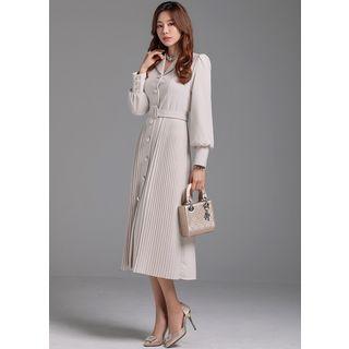 Faux-pearl Pleated-panel Long Dress With Belt