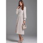 Faux-pearl Pleated-panel Long Dress With Belt