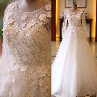 Long-sleeve Floral A-line Wedding Gown