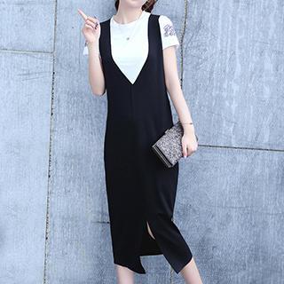 Set: Short-sleeve Printed Top + Slit-front Jumper Dress