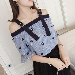 Off Shoulder Striped Embroidery Top