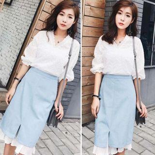 Set: Elbow-sleeve Lace Top + Chiffon Panel Sheath Skirt