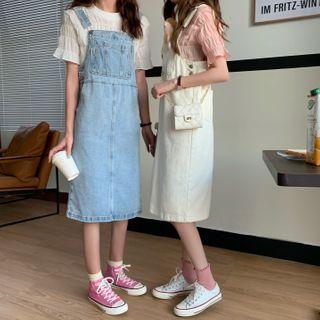 Short-sleeve Shirred Blouse / Washed Denim Jumper Dress