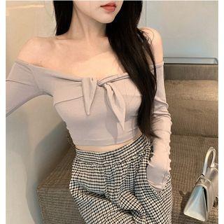 Long-sleeve Off-shoulder Cropped Top Camel - One Size
