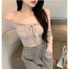 Long-sleeve Off-shoulder Cropped Top Camel - One Size
