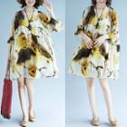 Set: Slipdress + Flower Print Flared-sleeve Shift Dress