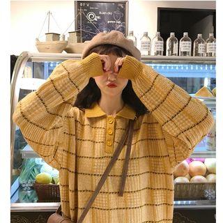 Collared Plaid Sweater Plaid - Yellow - One Size