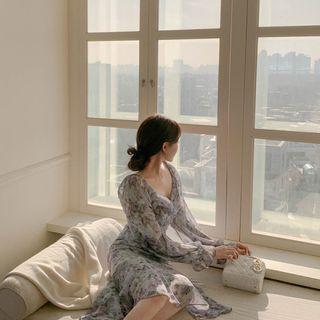 Wrap-front Floral Midi Chiffon Dress