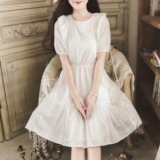 Ruffle Trim Short-sleeve Eyelet A-line Dress