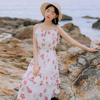 Spaghetti Strap Floral A-line Midi Chiffon Dress