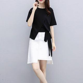 Set: Lace-up Short-sleeve T-shirt + High Waist A-line Skirt