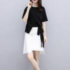 Set: Lace-up Short-sleeve T-shirt + High Waist A-line Skirt