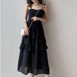 Tie-shoulder Ruffle Trim Spaghetti Strap Dress