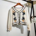 Cropped Embroidered Knit Long-sleeve Cardigan