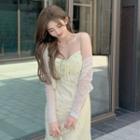 Sleeveless Drawstring-neckline Floral Midi Dress / Light Cardigan