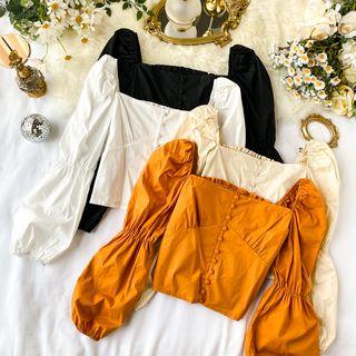 Long-sleeve Square-neck Buttoned Top