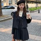 Long-sleeve Mock-neck Lace Top / Single-breasted Blazer / Spaghetti Strap Pleated Mini A-line Dress