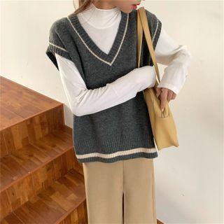 Contrast Trim Knit Vest / Slited Midi Skirt