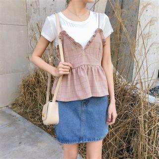 Set: Short Sleeve T-shirt + Plaid Tank Top
