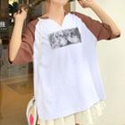 Print Elbow Sleeve V-neck T-shirt