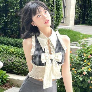 Halter-neck Plaid Smocked Crop Top