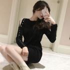 Long-sleeve Cold-shoulder Mini Bodycon Dress Black - One Size