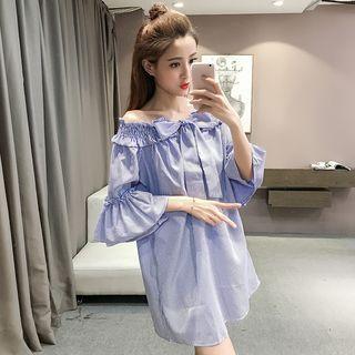 Elbow-sleeve Off Shoulder Pinstriped A-line Dress