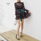 Frill-neck Rosette Chiffon Mini Dress With Sash