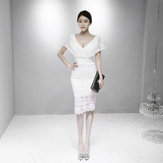 Crochet Short Sleeve V-neck Midi Dress