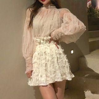 Faux Pearl Balloon-sleeve Mesh Top / A-line Mini Skirt