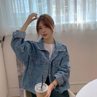 Flap-pocket Boxy Denim Jacket Blue - One Size