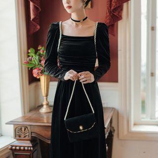 Square-neck Beaded Open-back Velvet Dress
