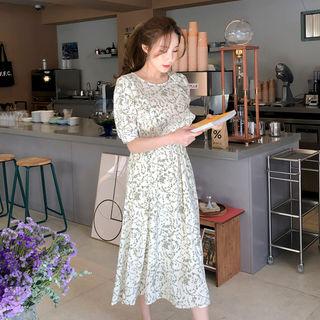 Frill-trim Floral Print Dress Olive Green - One Size