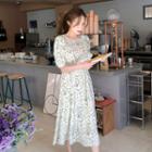 Frill-trim Floral Print Dress Olive Green - One Size