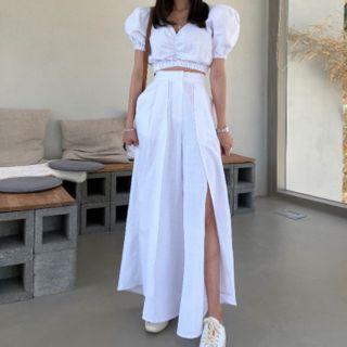 Ruched Puff-sleeve Cropped Blouse / Wide-leg Pants / Set