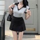 Short-sleeve Contrast Trim Polo Shirt / Plain Skort / Set