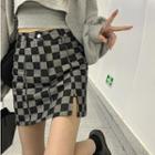 Checkered Slit-side Mini Pencil Skirt