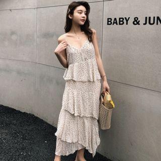 Dotted Midi Tiered Chiffon Dress