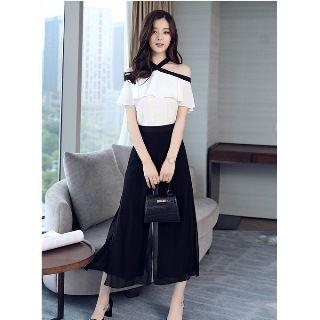 Set: Short-sleeve Cutout-shoulder Paneled Top + Wide-leg Cropped Pants