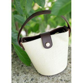 Pleather-panel Rattan Bucket Bag