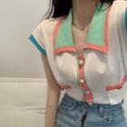 Short-sleeve Color Block Button-up Knit Top White & Green & Blue - One Size